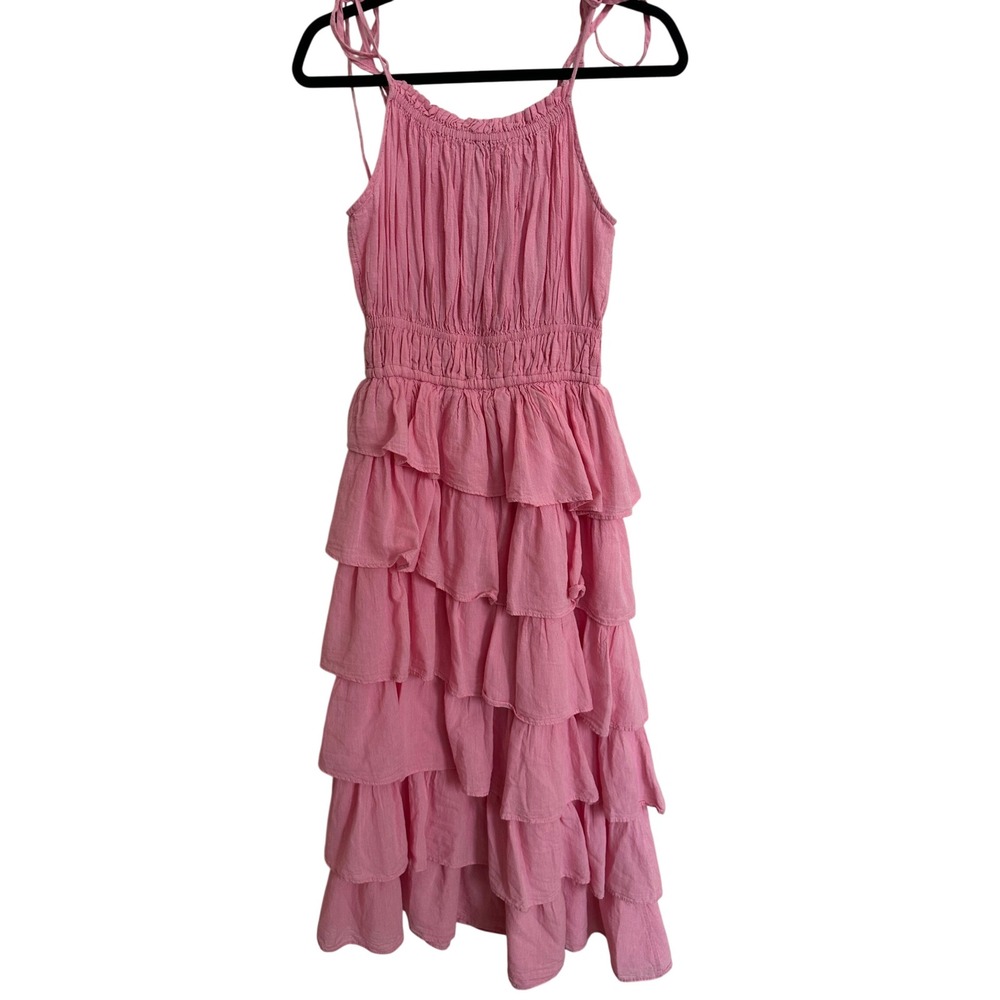 Devotion Twins Cotton Tiered Ruffle Smocked Midi Dress‎ Pink S
